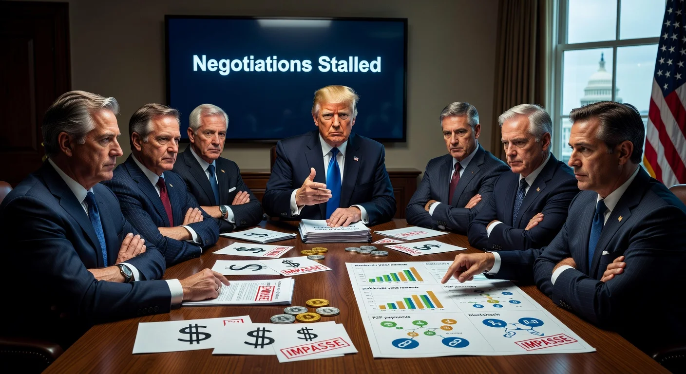 Dramatic illustration depicting stalled CLARITY Act talks in the White House, with President Trump, bank executives rejecting a stablecoin deal, and Coinbase CEO Brian Armstrong amid negotiation impasse.