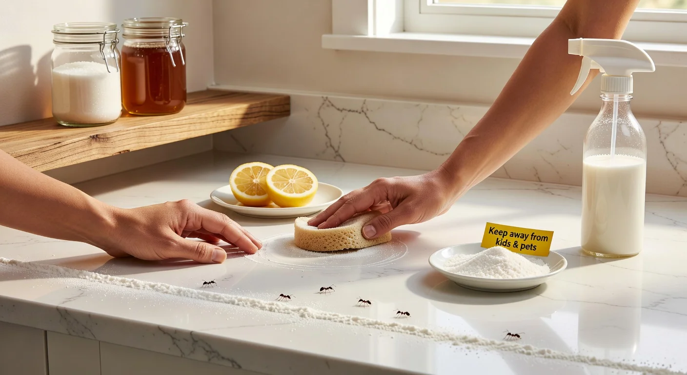 Kitchen scene illustrating natural, non-toxic ways to deter household ants using cleaning, sealed storage, and DIY baits.