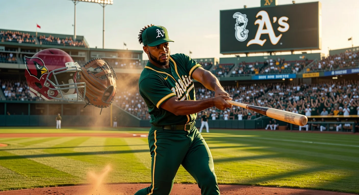 Kyler Murray in Oakland Athletics baseball uniform swinging a bat on the field, illustrating potential MLB return after NFL release.