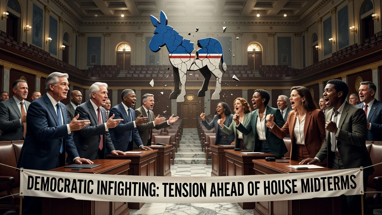 Illustration of divided Democrats in the Capitol highlighting party infighting.
