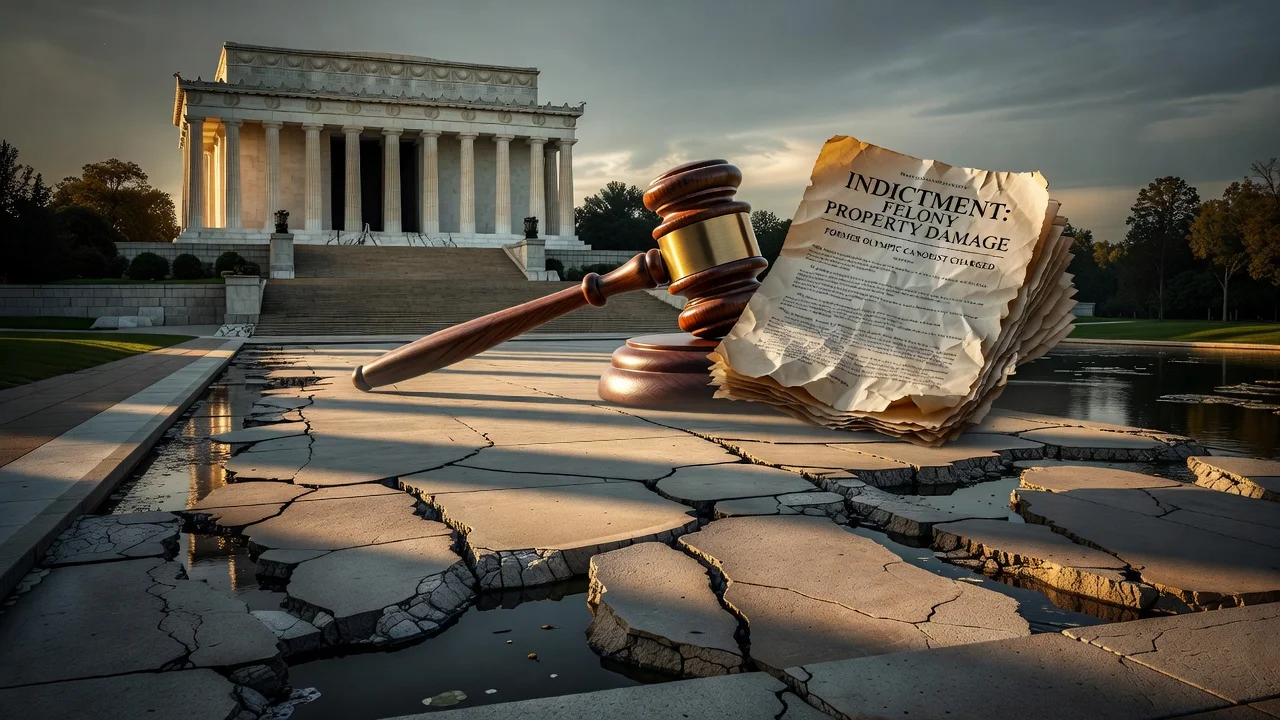 Illustration of damaged Reflecting Pool with legal indictment symbols related to canoeist David Hearn's charges