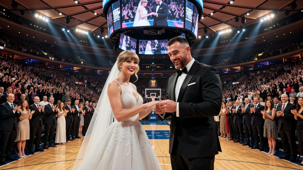 Photo illustration of Taylor Swift marrying Travis Kelce at Madison Square Garden with many guests.
