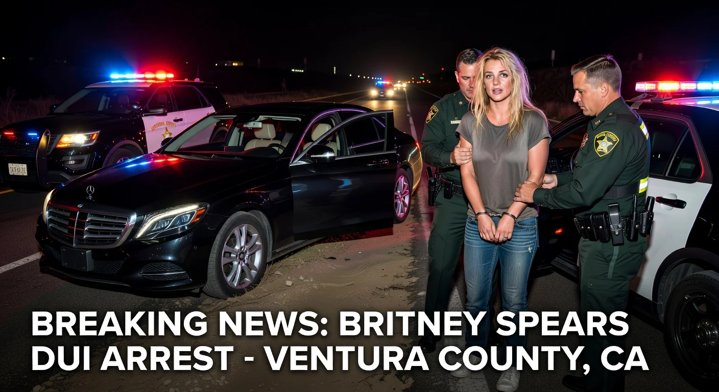 Dramatic illustration depicting Britney Spears being arrested for DUI by sheriff's deputies amid flashing police lights on a nighttime highway.