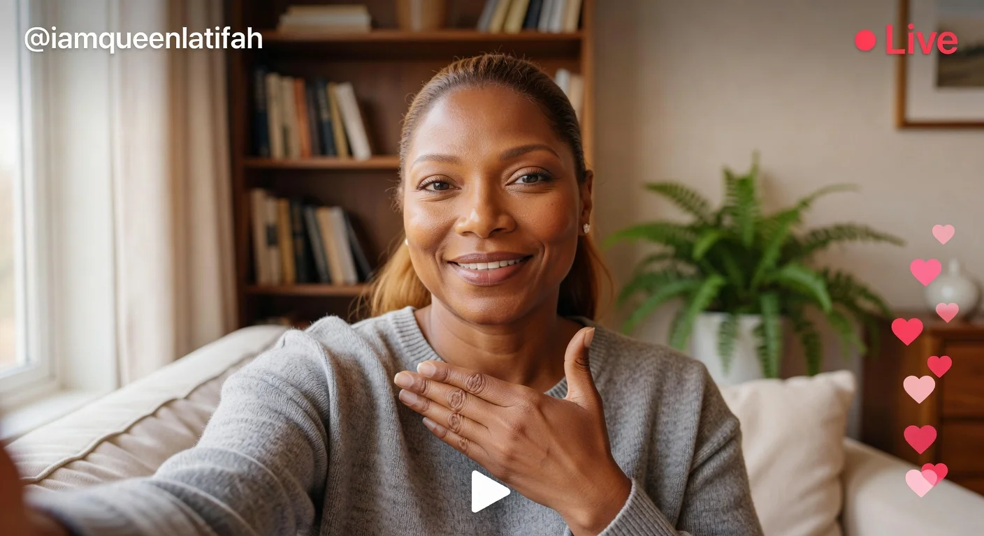 Queen Latifah smiling fresh-faced in Instagram video, denying death hoax rumors.