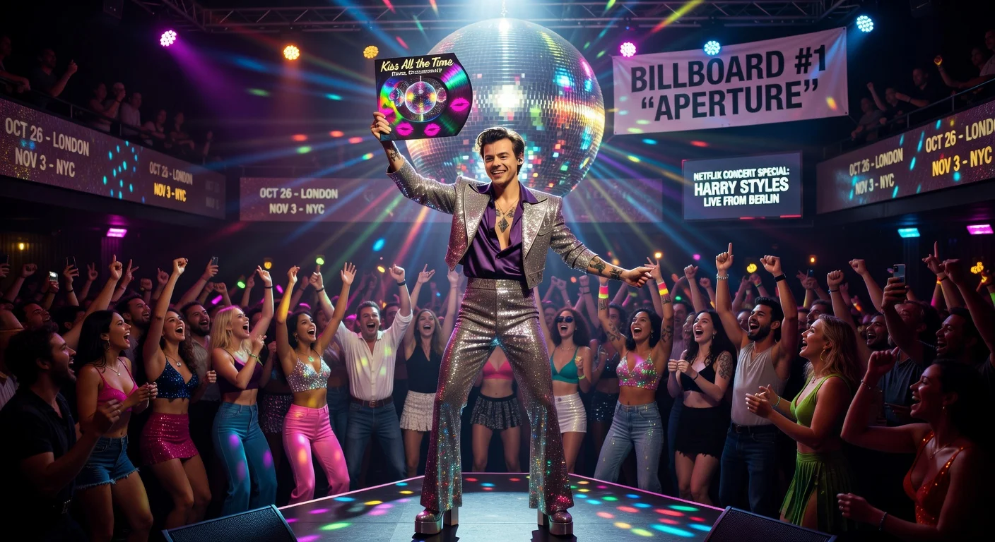 Harry Styles on a vibrant disco stage holding his new album 'Kiss All the Time. Disco, Occasionally,' surrounded by lights and fans, illustrating the album release news.