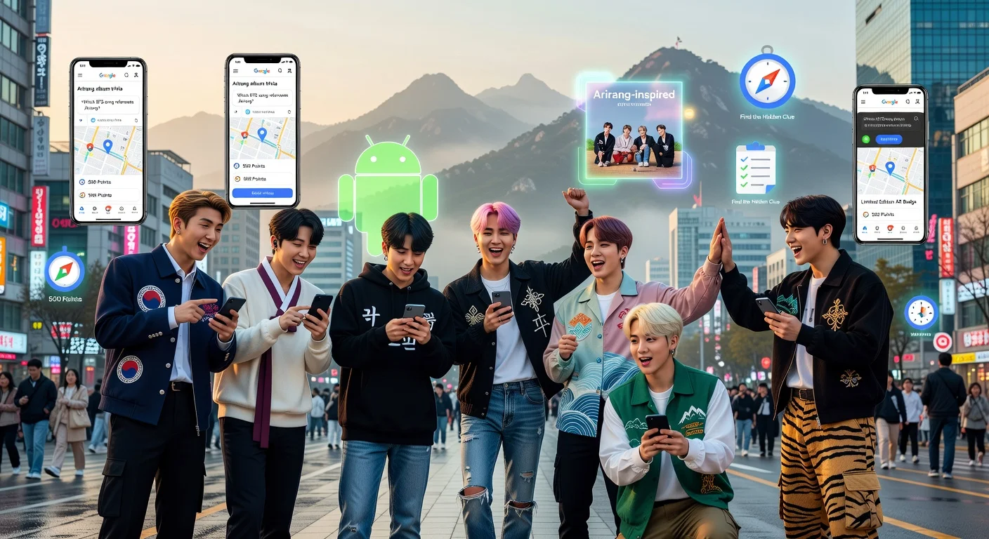BTS members on a mobile scavenger hunt with Google, featuring clues for their Arirang album.