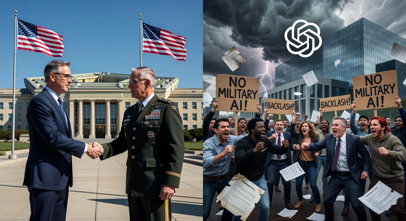 Split-scene illustration of Anthropic's renewed Pentagon talks contrasting with backlash against OpenAI's military AI deal.