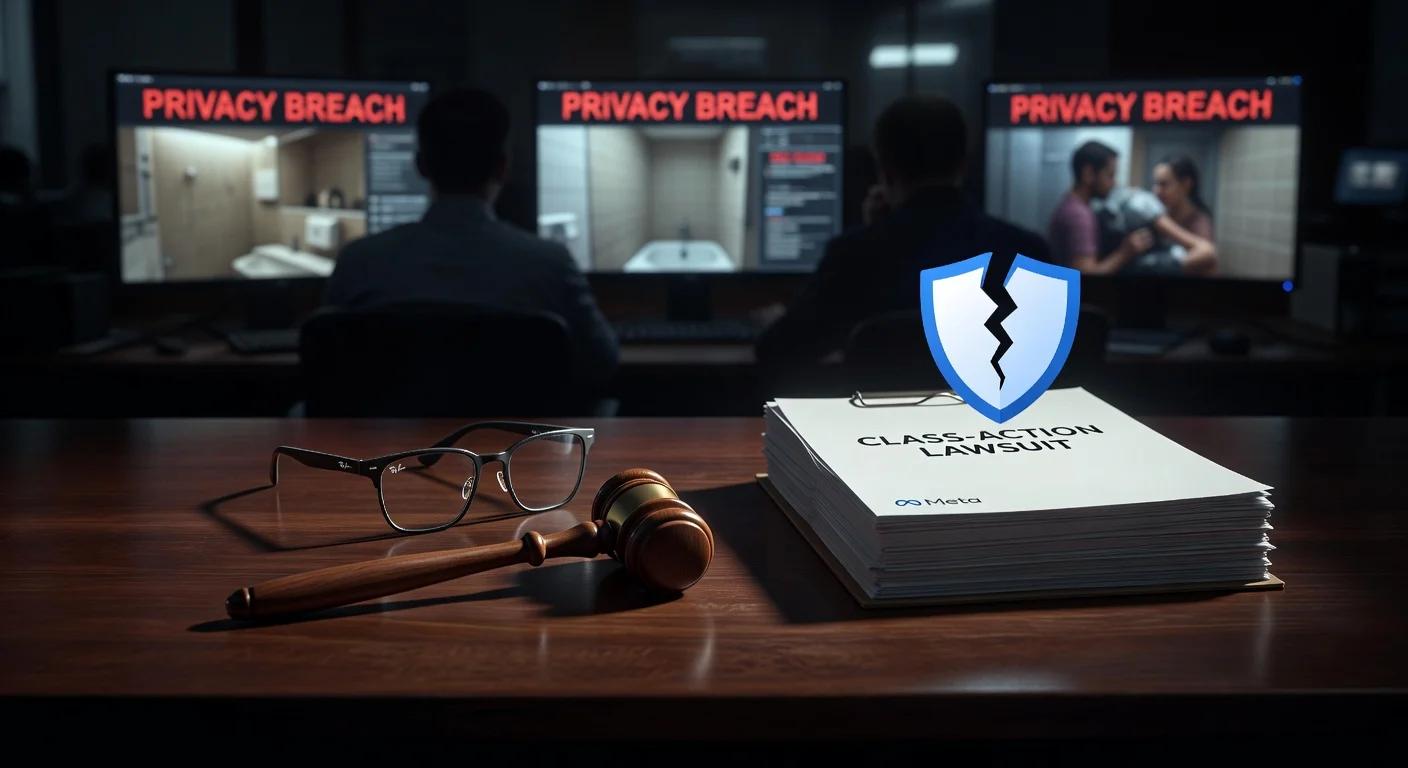 Realistic illustration of Ray-Ban Meta smart glasses amid a class-action lawsuit over privacy breaches, featuring courtroom elements and data review imagery.