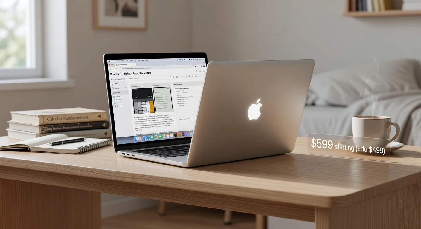Photorealistic image of the affordable Apple MacBook Neo laptop on a student's desk, highlighting its compact design and $599 price tag for a news article.