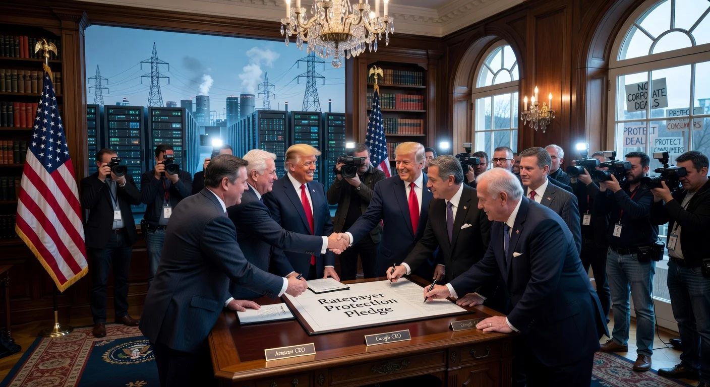 President Trump shakes hands with tech CEOs signing the Ratepayer Protection Pledge at the White House, with AI data centers symbolized in the background.