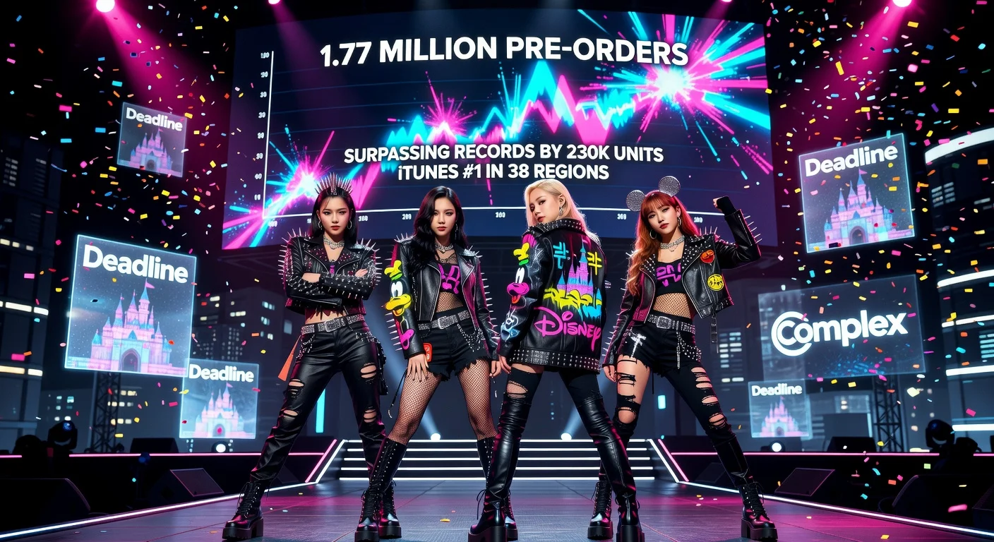 Blackpink members in punk-Disney outfits celebrating record-breaking 'Deadline' album sales on a dynamic urban stage.