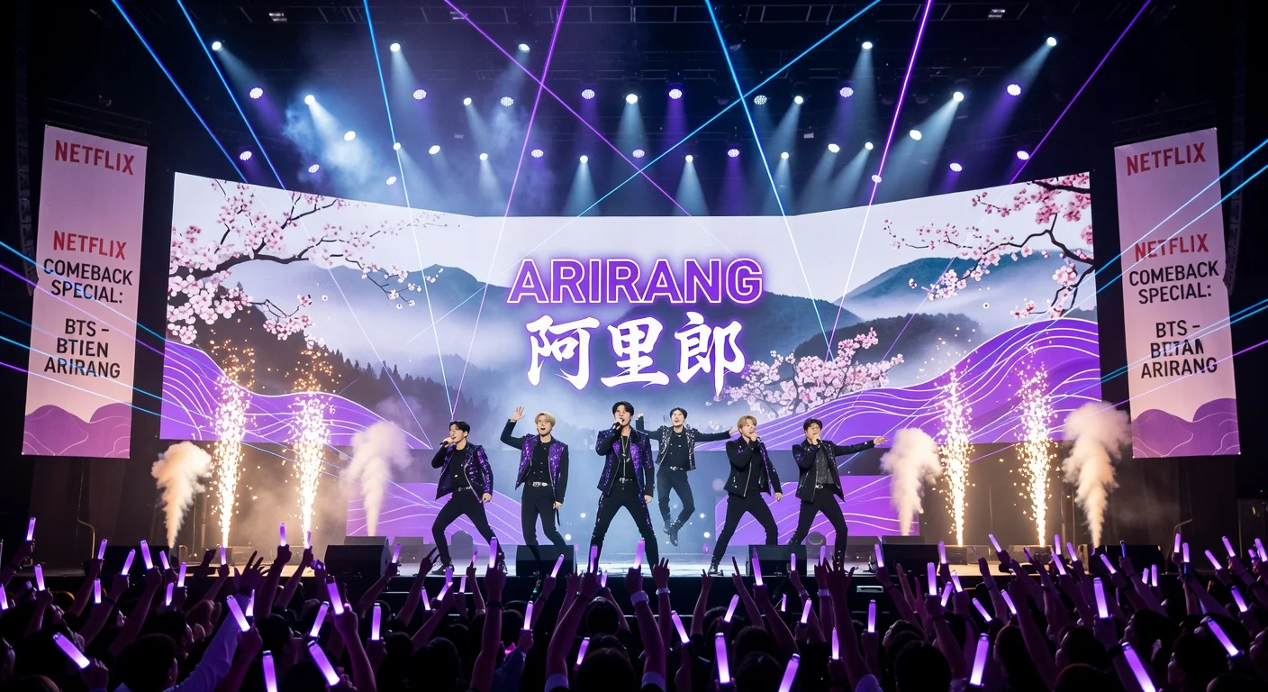 BTS performs energetically on stage at their ARIRANG album Netflix comeback concert, with fans waving purple lightsticks amid spectacular visuals.