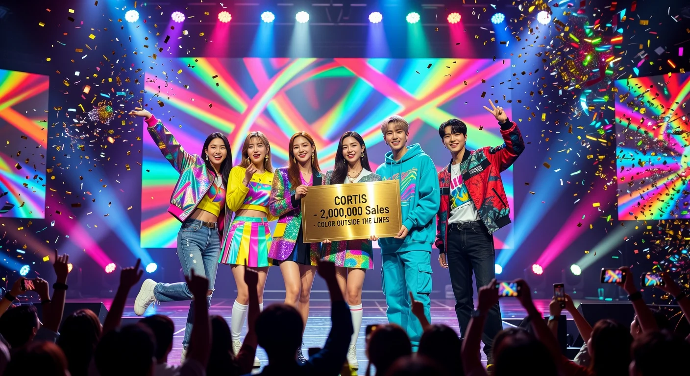 CORTIS K-pop group celebrates 2 million sales milestone for debut album 'COLOR OUTSIDE THE LINES' with certification plaque on stage.