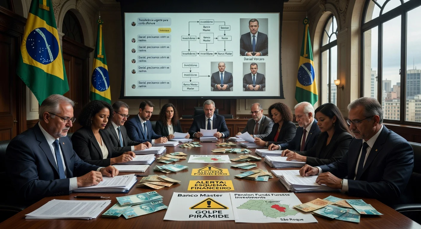 Parliamentary commission in São Paulo Assembly investigates pension fund losses in Banco Master pyramid schemes, with documents, screens showing corruption evidence, and symbols of financial misconduct.