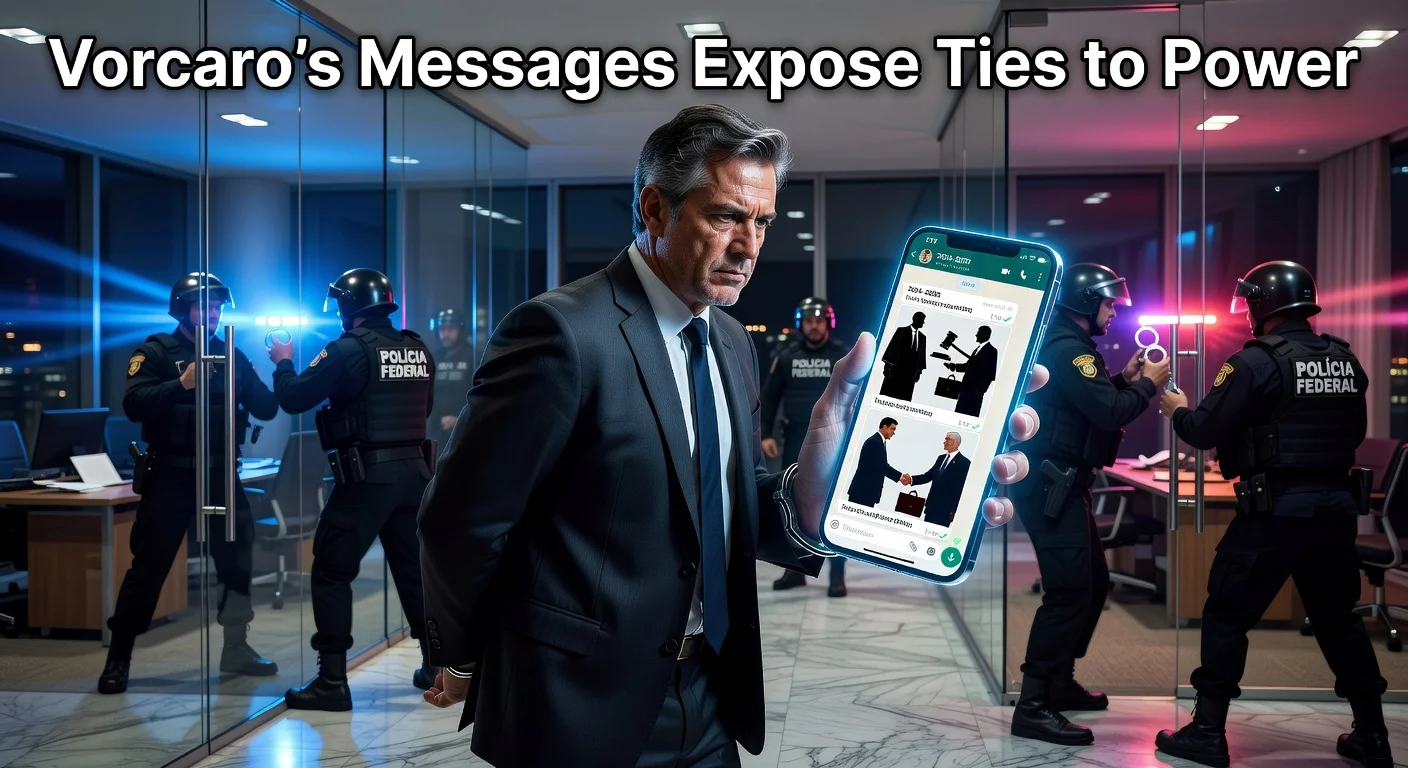 Dramatic illustration of banker Daniel Vorcaro's leaked messages showing illicit ties to STF, Congress, government, and businessmen, moments before his Federal Police arrest in Operation Compliance Zero.
