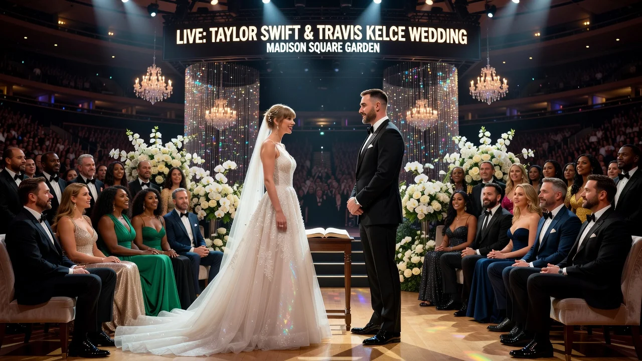 Illustration of Taylor Swift and Travis Kelce's wedding ceremony at Madison Square Garden with celebrity guests.