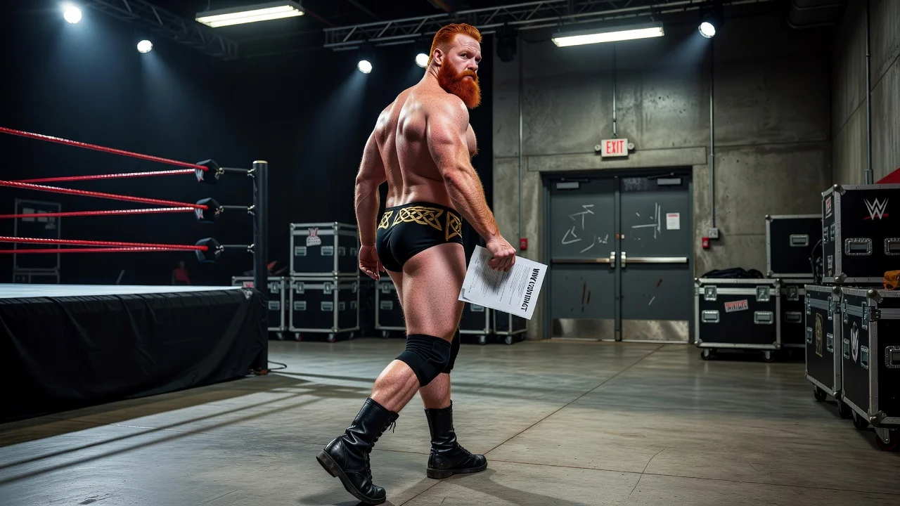 Sheamus walking away from a WWE wrestling ring, symbolizing his contract expiration and departure.
