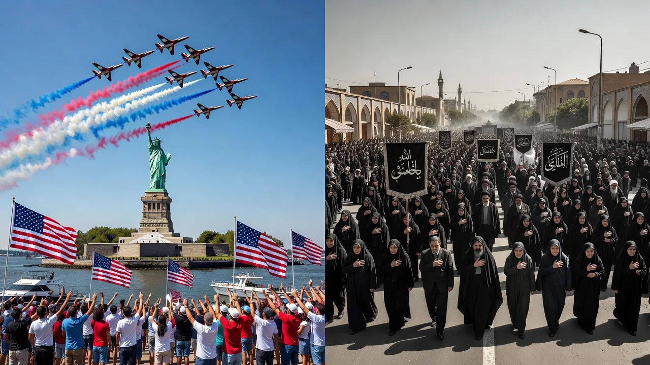 Split image contrasting UAE jets flying over New York Harbor on July 4 with a solemn funeral procession in Iran for Ayatollah Ali Khamenei.
