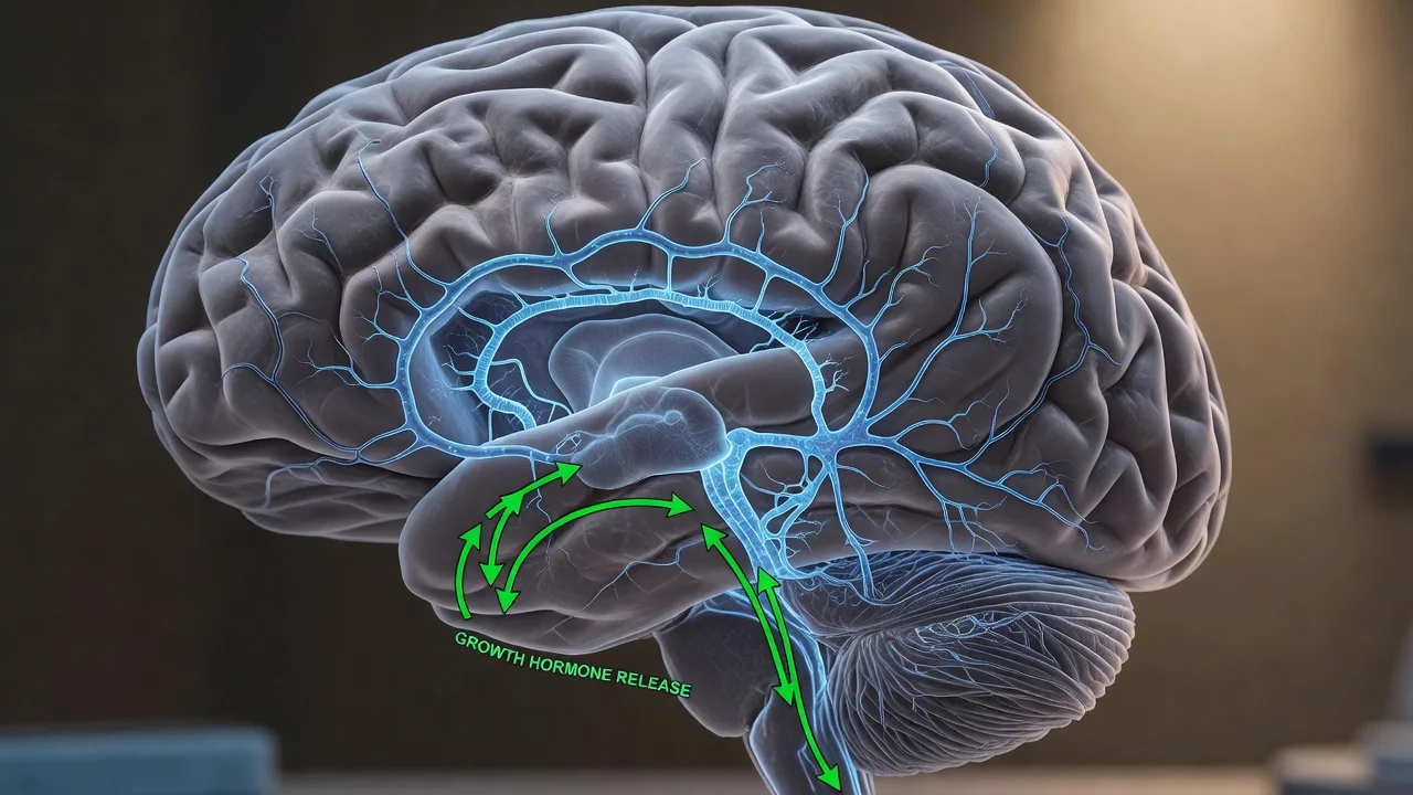 Illustration of a mouse brain showing the neural circuit linking deep sleep to growth hormone release, for a news article.