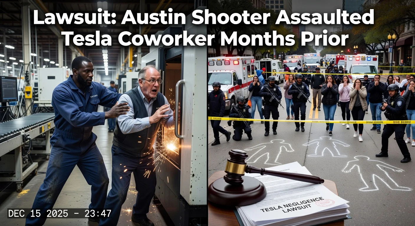 Dramatic illustration of lawsuit alleging Tesla ignored prior assault by Austin mass shooter on Gigafactory coworker, featuring security footage and shooting aftermath.