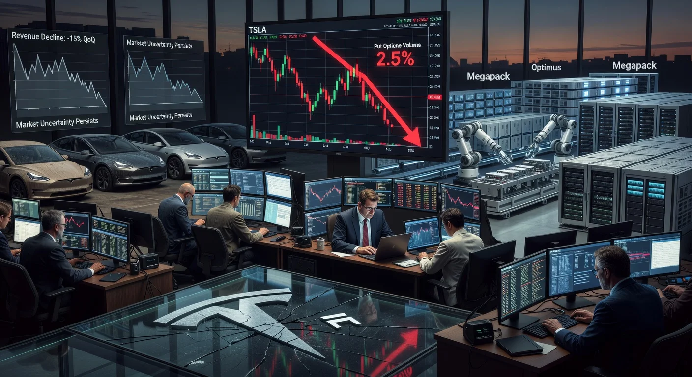 Wall Street traders monitor Tesla stock plunge amid AI pivot concerns, with falling charts, robots, and energy batteries in the background.