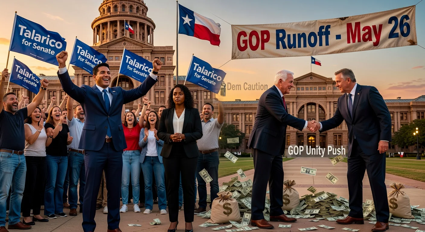 Illustration of Texas Senate primary results: Talarico's Democratic win, Cornyn-Paxton GOP runoff, with symbols of record spending, unity efforts, and caution.