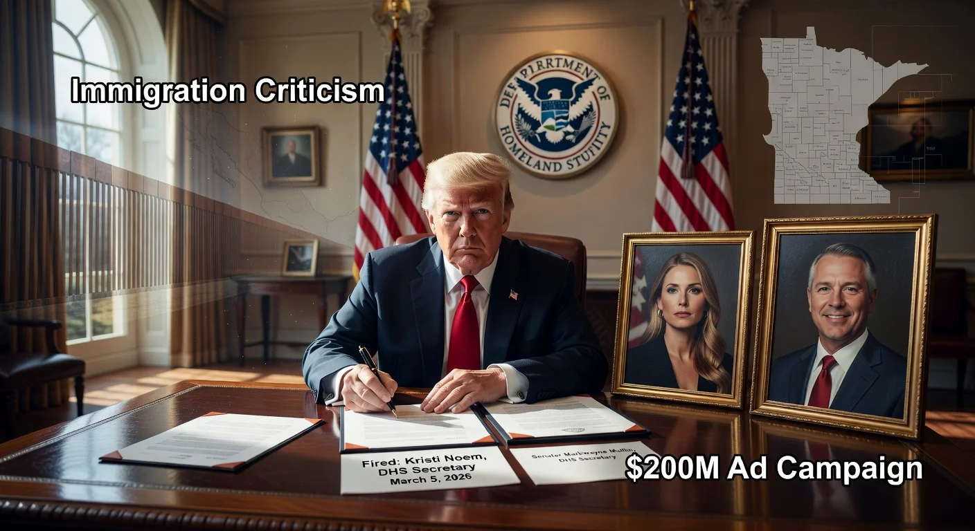 Oval Office scene depicting President Trump firing DHS Secretary Kristi Noem and nominating Sen. Markwayne Mullin amid immigration controversy.