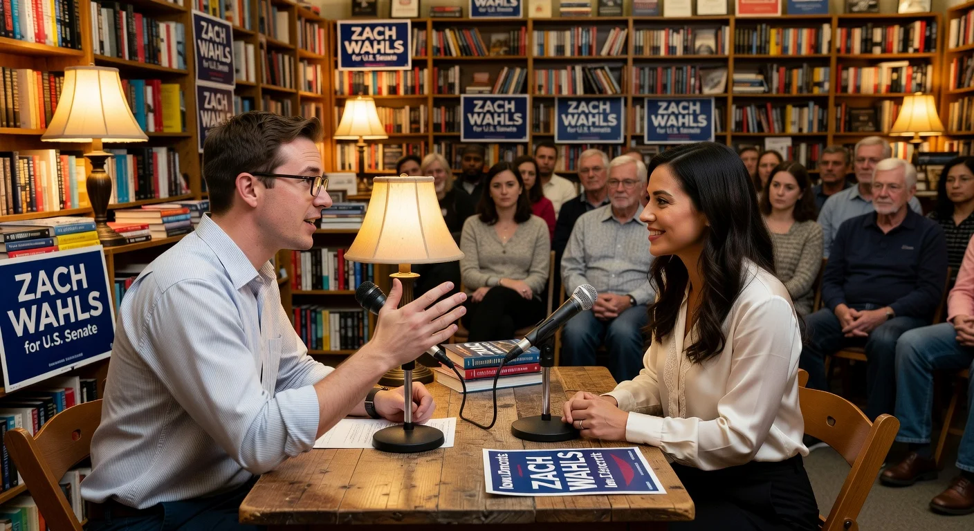 Iowa Sen. Zach Wahls and wife Chloe Angyal discuss public service at Ames bookstore campaign event.