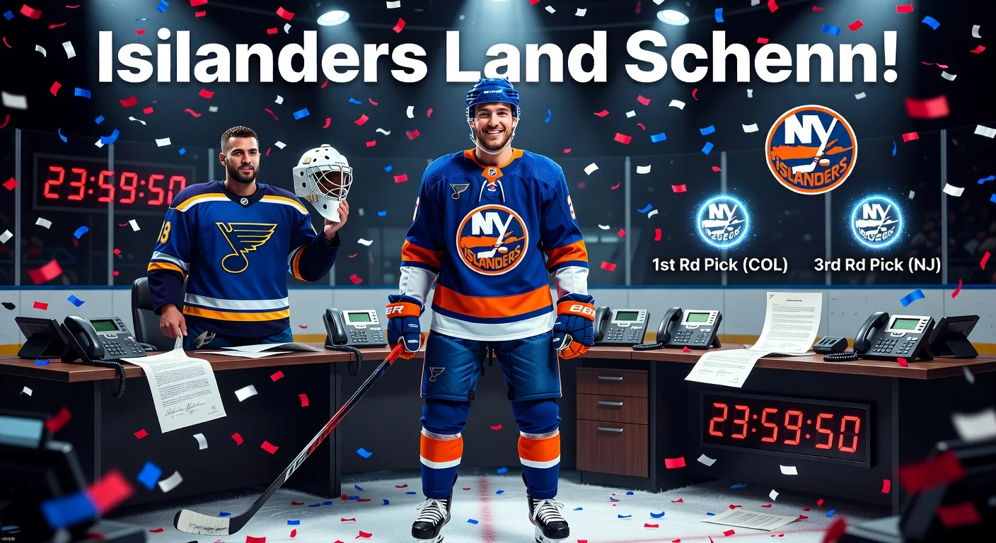 NHL trade illustration: Islanders acquire Brayden Schenn from Blues for Drouin, prospect, and picks.