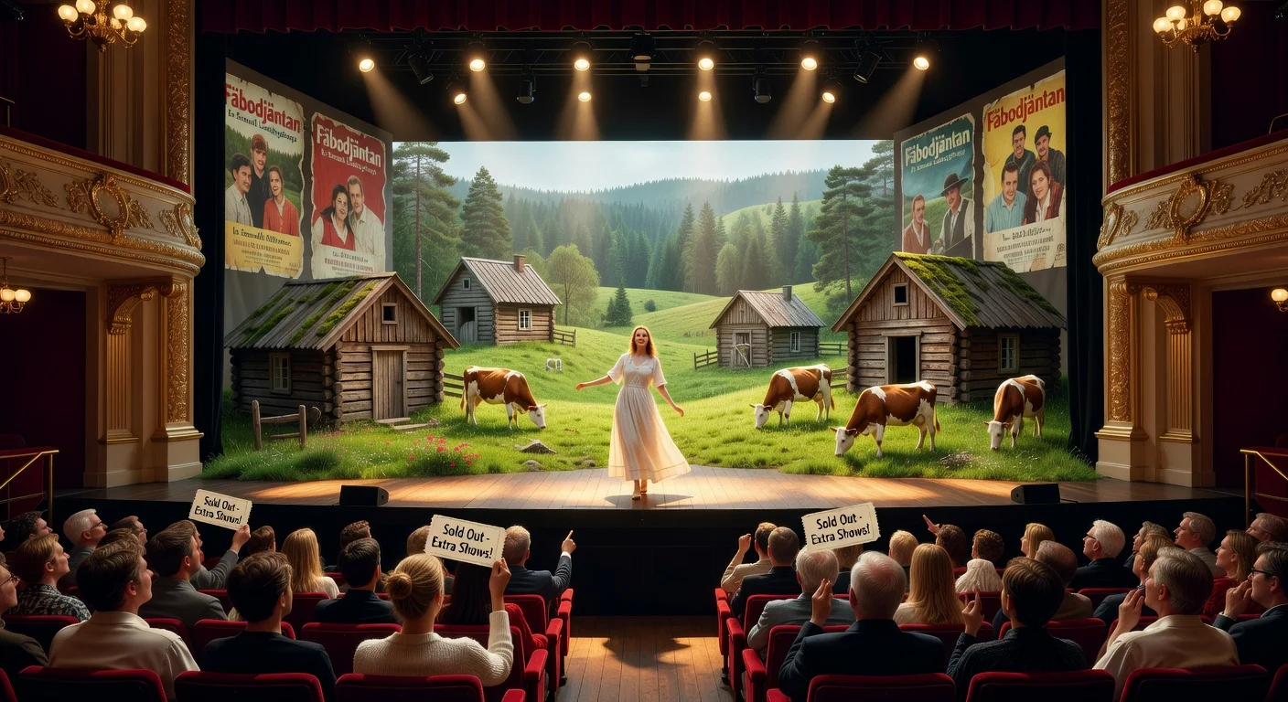 Stage scene from the feminist theater adaptation of the 1978 Swedish cult film 'Fäbodjäntan' at Dramaten, with pastoral Dalarna backdrop and enthusiastic sold-out audience.