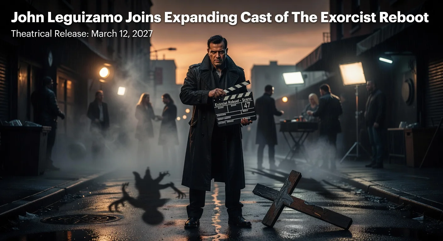 Illustrative photo of John Leguizamo on the New York set of Mike Flanagan's Exorcist reboot, with co-stars and horror motifs, announcing his casting.