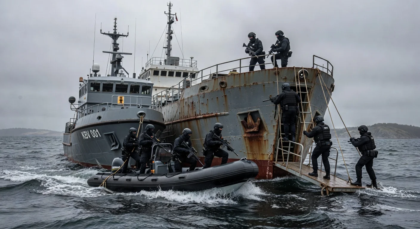 Swedish Coast Guard and special police boarding stateless cargo ship Caffa off Trelleborg, Sweden.