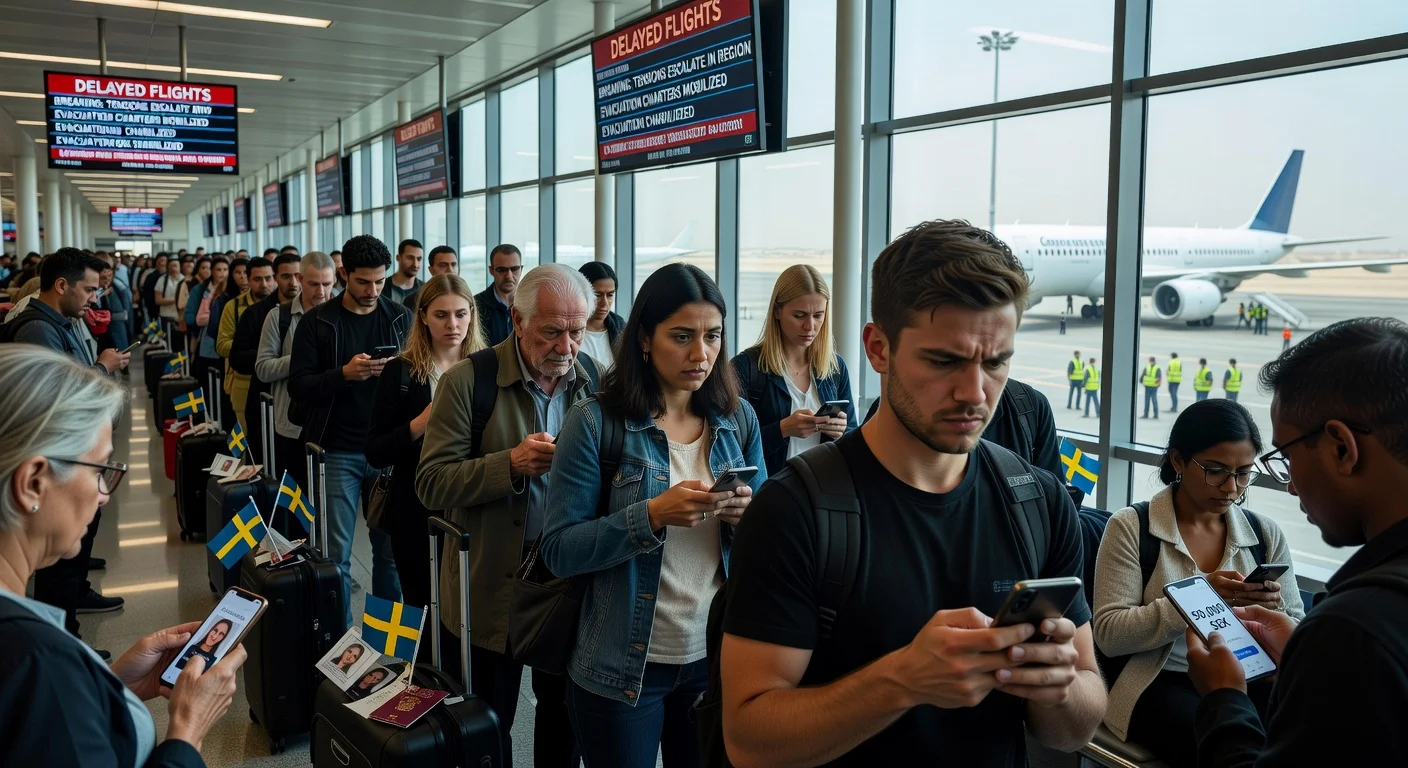Stranded Swedish travelers at Dubai airport urgently pay via Swish app for government-chartered flight home amid regional conflict.