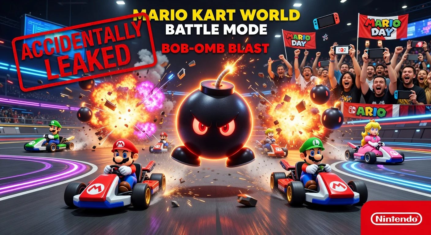 Leaked screenshot of Bob-omb Blast mode in Mario Kart World Battle menu, with explosive kart action and excited fans.