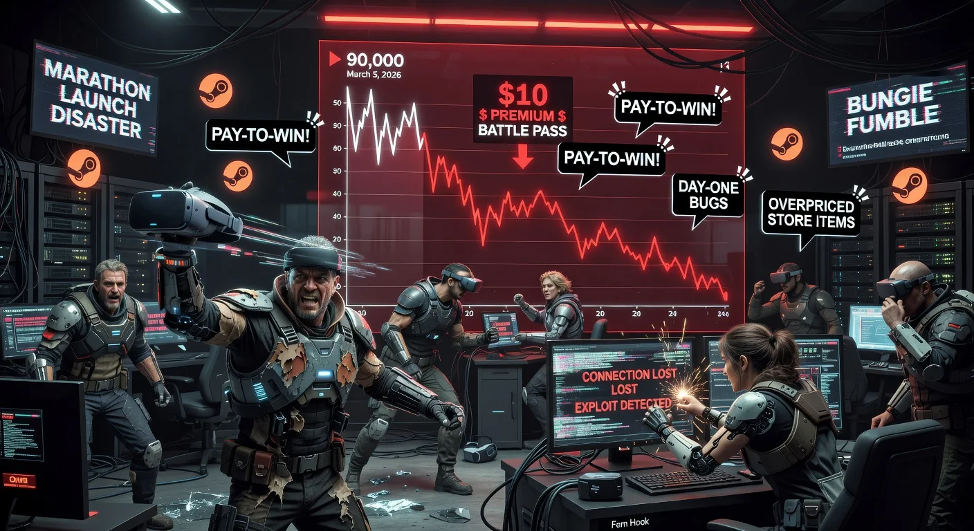 Illustration of Marathon game's player count crash post-launch amid bugs and monetization criticism.