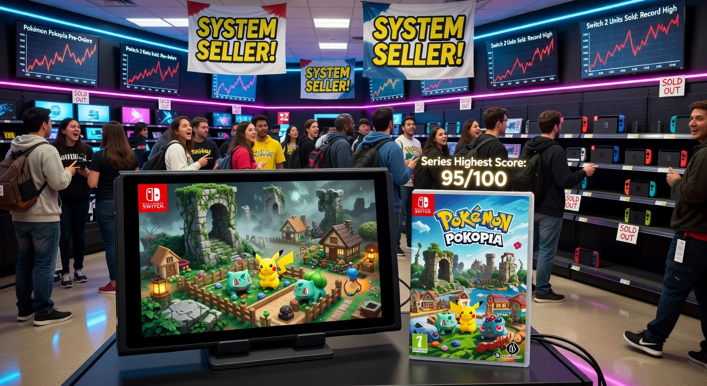Realistic photo of Pokémon Pokopia game launch on Nintendo Switch 2, showcasing its record Metacritic score and surging console sales in a busy store.