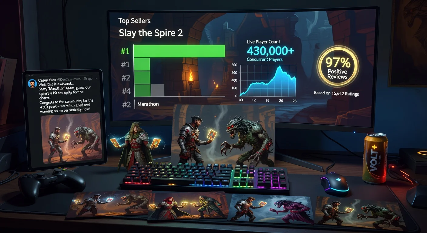 Photorealistic illustration showing Slay the Spire 2 topping Steam charts with 430k peak players and 97% reviews, ahead of Marathon, with game art and developer tweet.