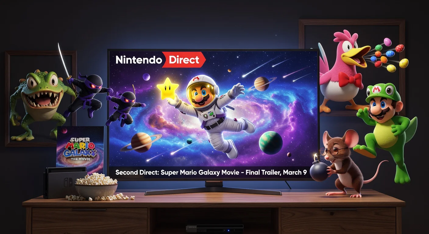 Photorealistic illustration of Nintendo Direct for Super Mario Galaxy Movie showing final trailer on TV and classic character artwork including Wart, Ninjis, Birdo, Mouser, and Frog Suit Mario.