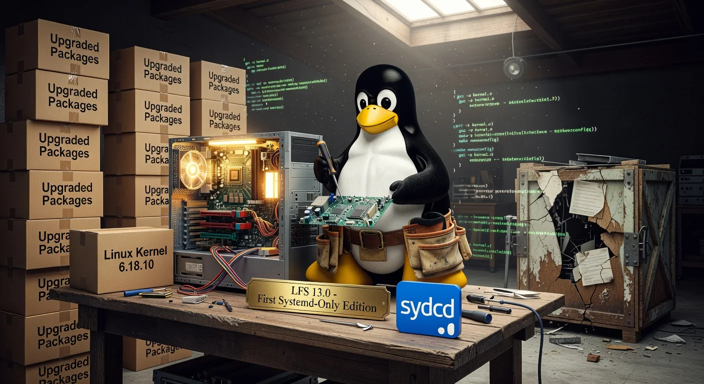 Illustration depicting the Linux From Scratch 13.0 release as the first systemd-only version, with Tux assembling a PC amid upgraded packages and kernel.
