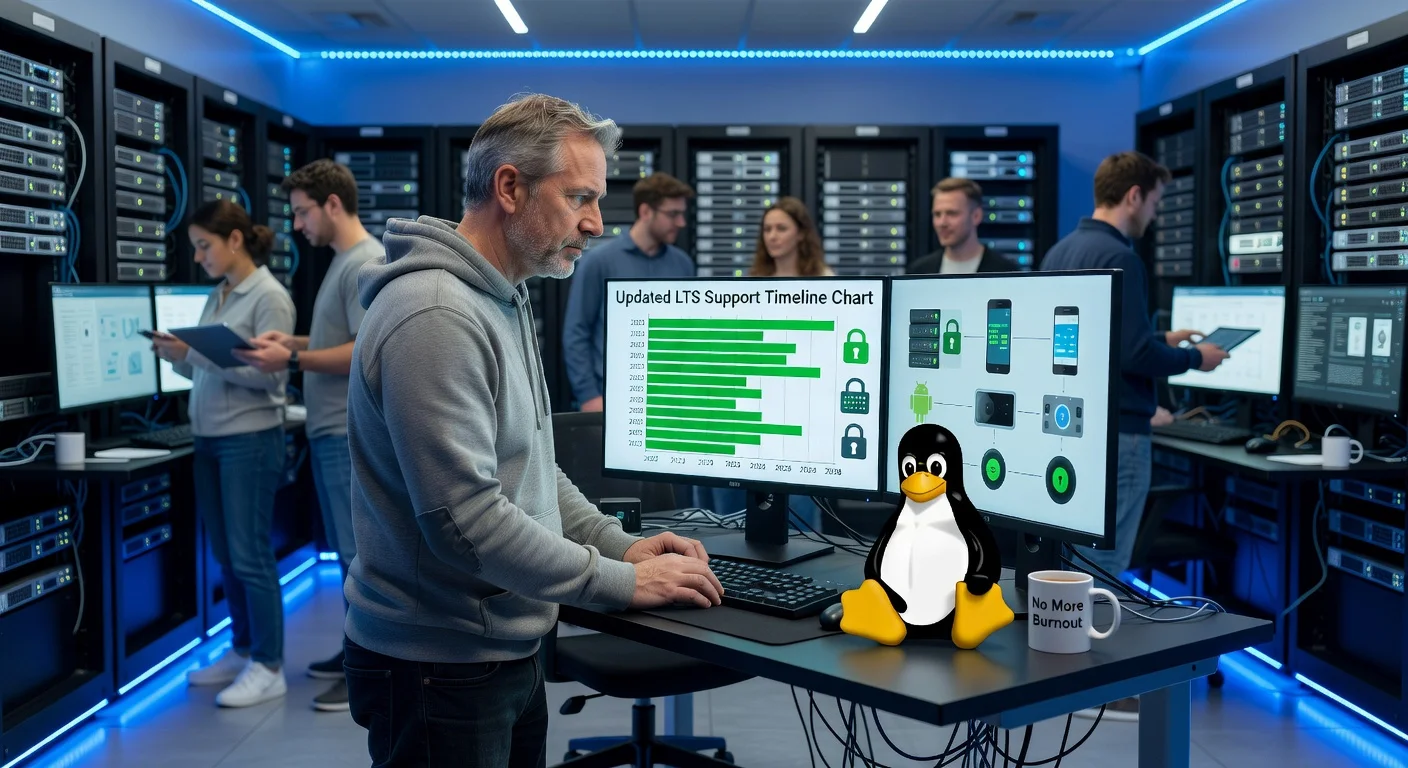 Illustration depicting Linux kernel maintainers extending LTS support timelines in a server room, symbolizing reversed cutbacks and enhanced stability for servers and devices.