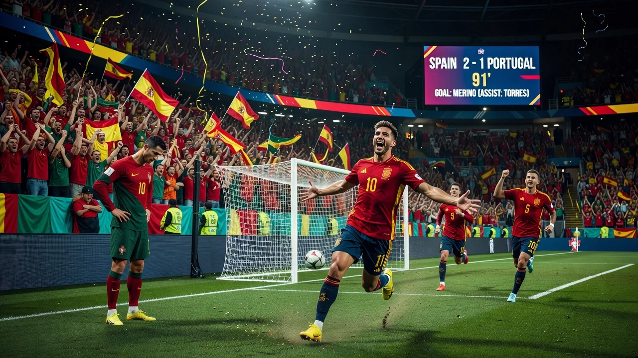 Mikel Merino scoring the dramatic winning goal for Spain vs Portugal in the World Cup, with Cristiano Ronaldo looking dejected.