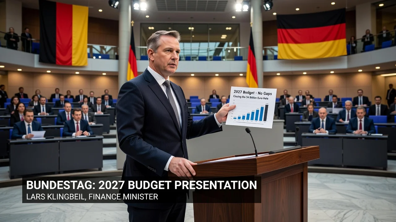 German Finance Minister Lars Klingbeil presenting the balanced 2027 budget draft in parliament