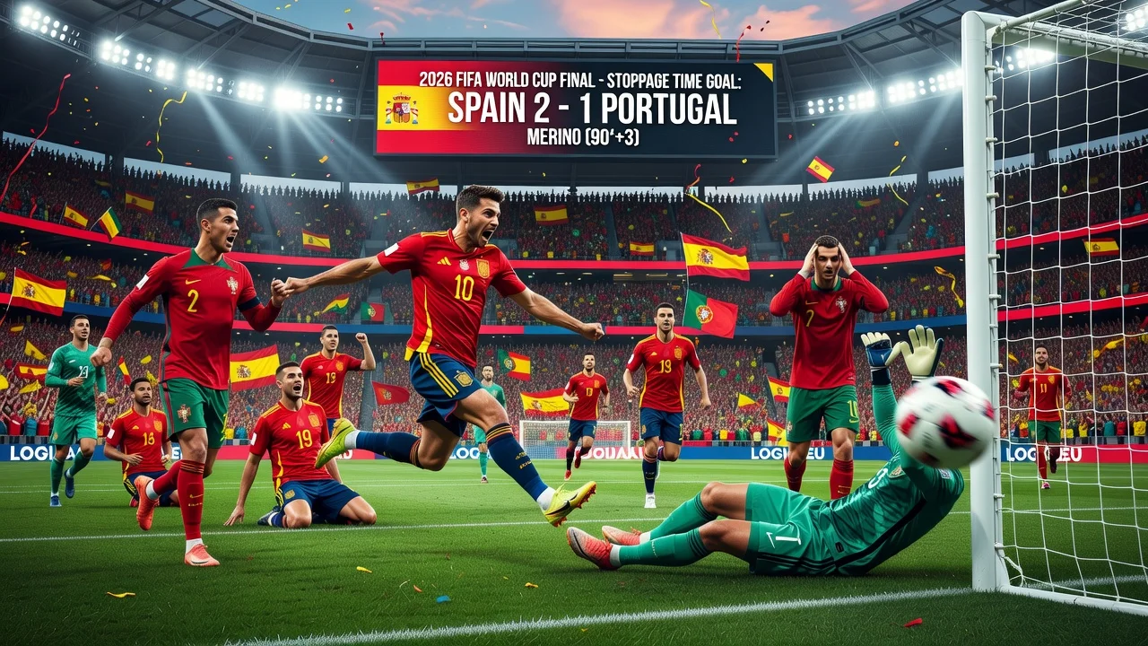 Illustration of Mikel Merino scoring the winning goal for Spain against Portugal in the World Cup, with Ronaldo looking on in disappointment.