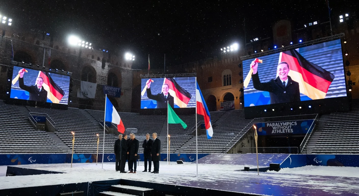 Empty arena during the 2026 Winter Paralympics opening in Verona, with remote German athletes on screens amid boycott protests.