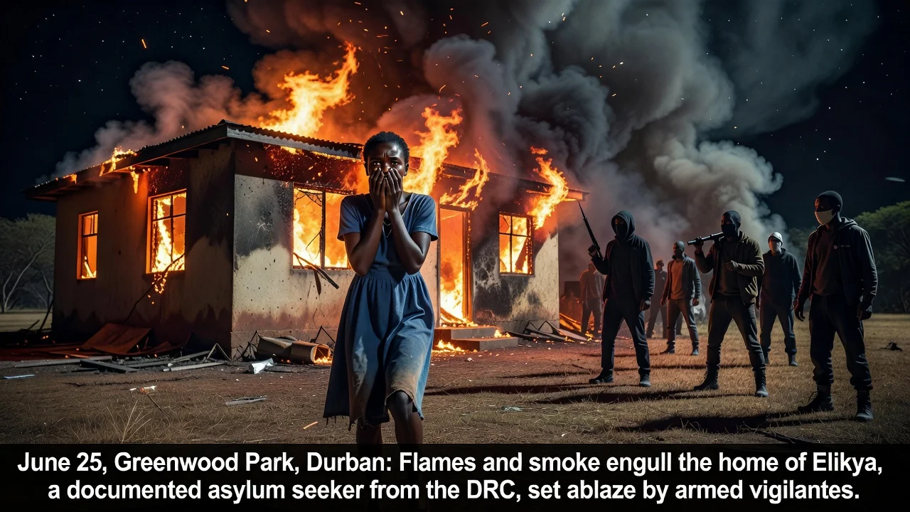 A burning house in Durban with vigilantes and a distressed asylum seeker watching.