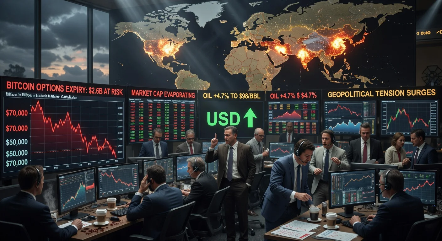 Dramatic illustration of Bitcoin's retreat to $70,000 amid Iran war escalation, oil price surge, strong USD, and looming options expiry.