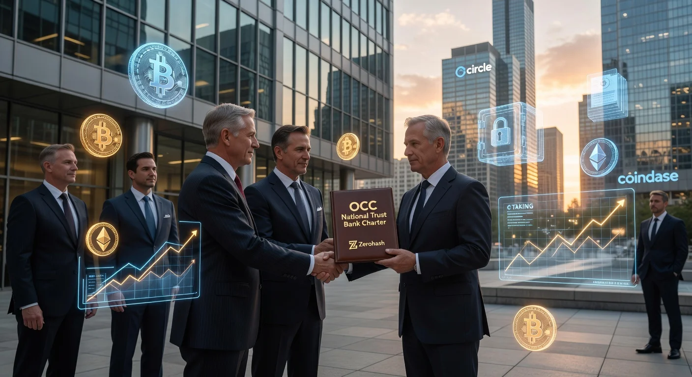 Illustration depicting Zerohash executives submitting OCC national trust bank charter application amid crypto firm surge, with Chicago skyline and digital asset symbols.
