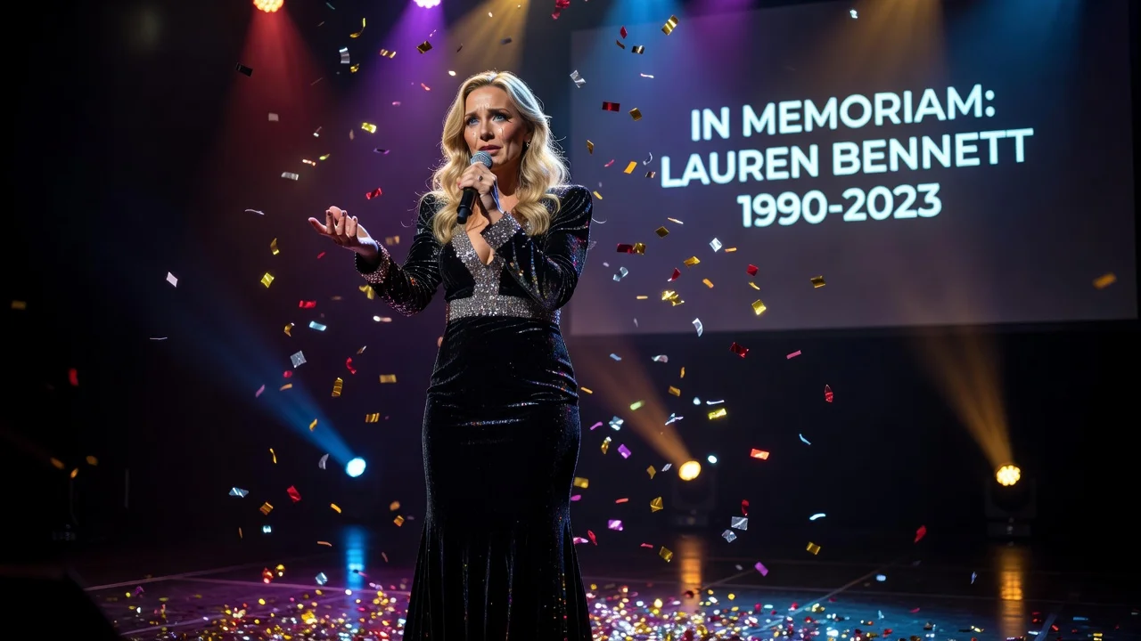 Portrait of Lauren Bennett, the late 'Party Rock Anthem' singer, in a stage performance setting.