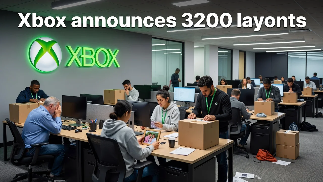News illustration showing the impact of Xbox layoffs with employees in an office packing boxes.