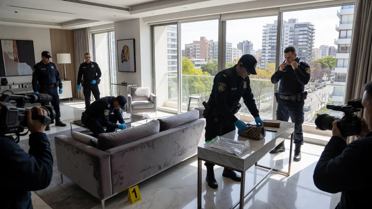 Police officers raiding Jesica Cirio's apartment in Palermo as part of a justice investigation involving Martín Insaurralde.